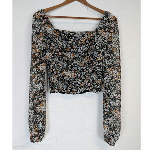 Lulus Floral Cropped Blouse Dark Ruched Sheer Sleeves Cottage Milkmaid Small
